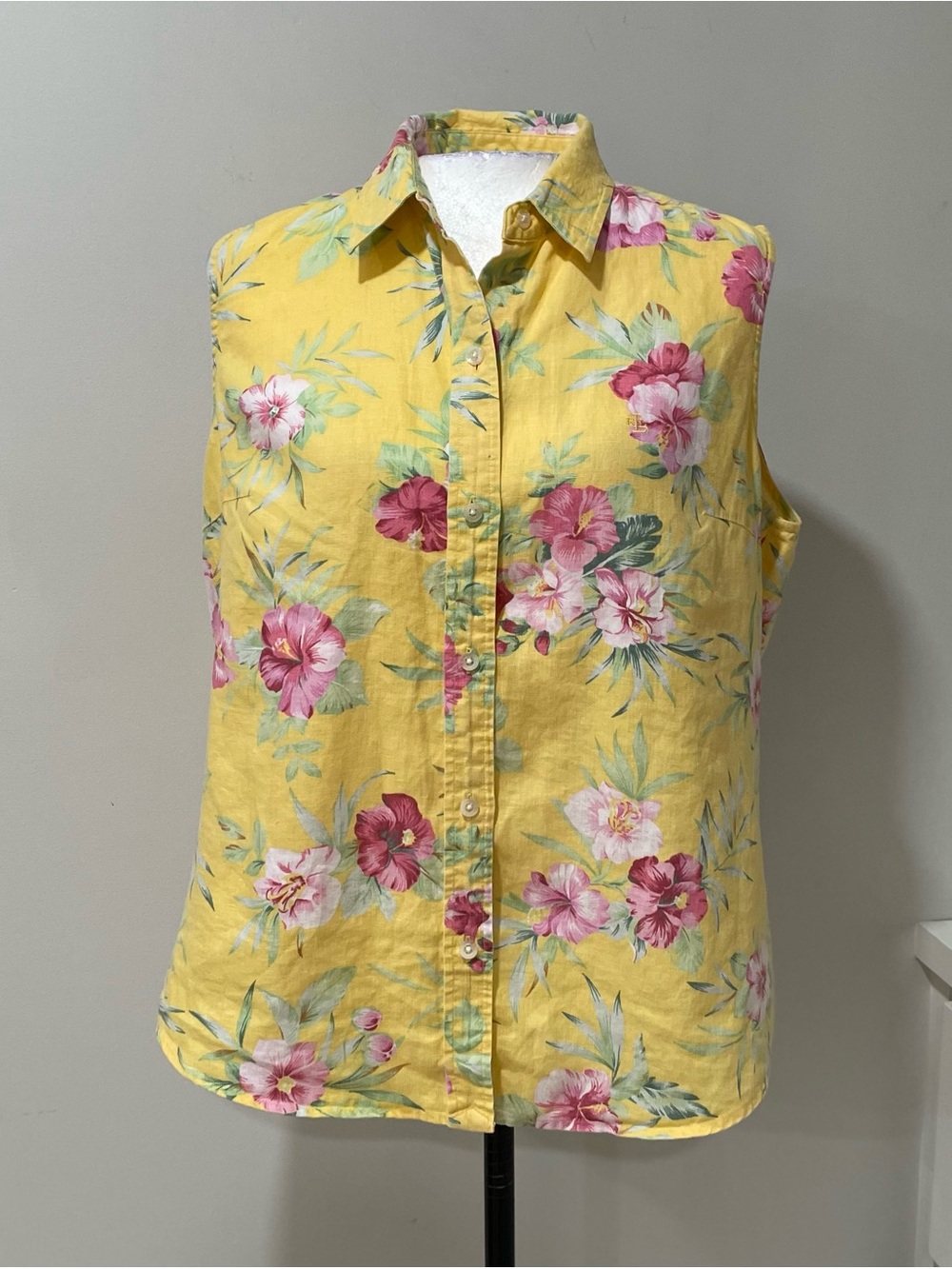 Vintage Lauren Ralph Lauren Sleeveless Yellow Floral Top Tropical Resort Beach